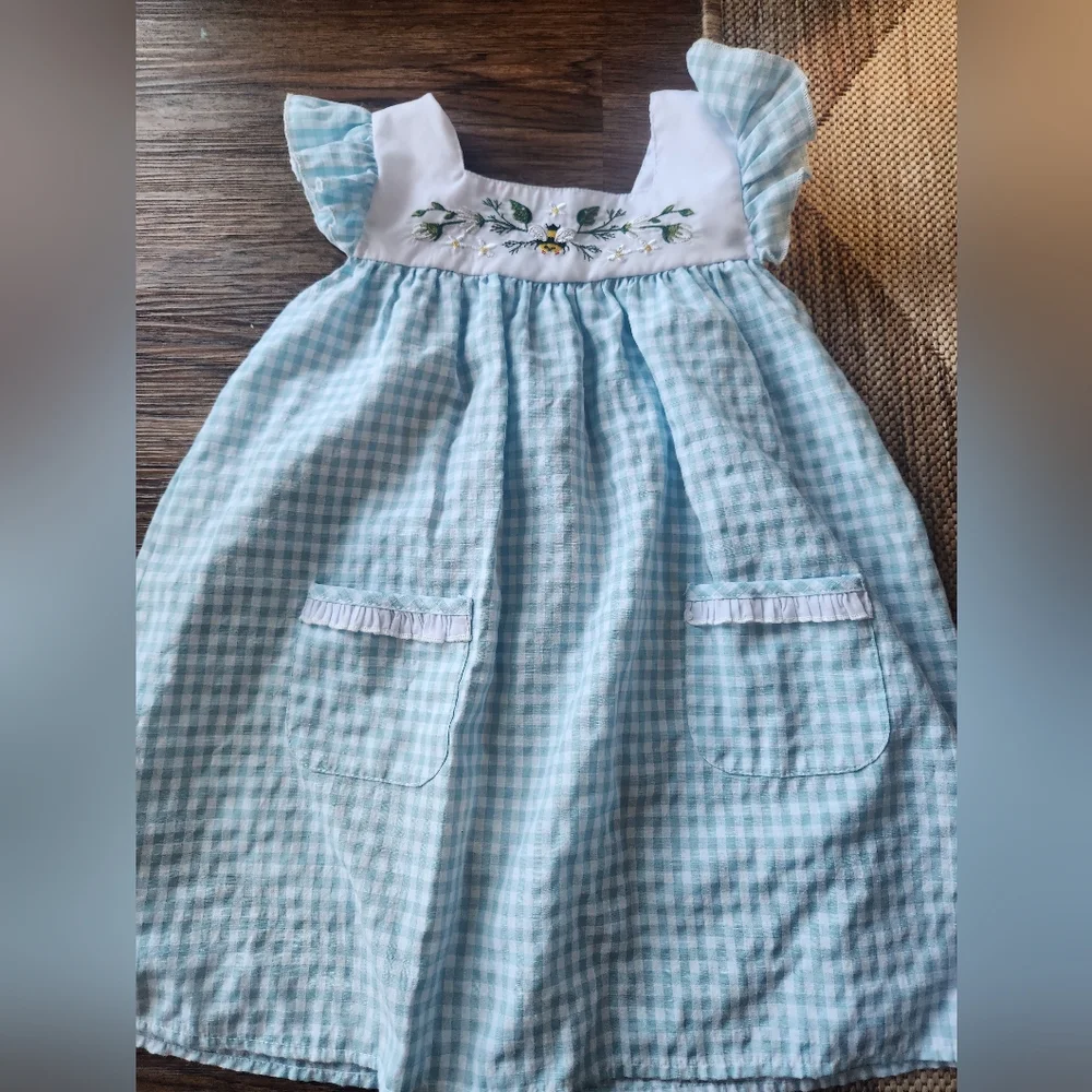 Blue Gingham Dress with Floral Embroidery